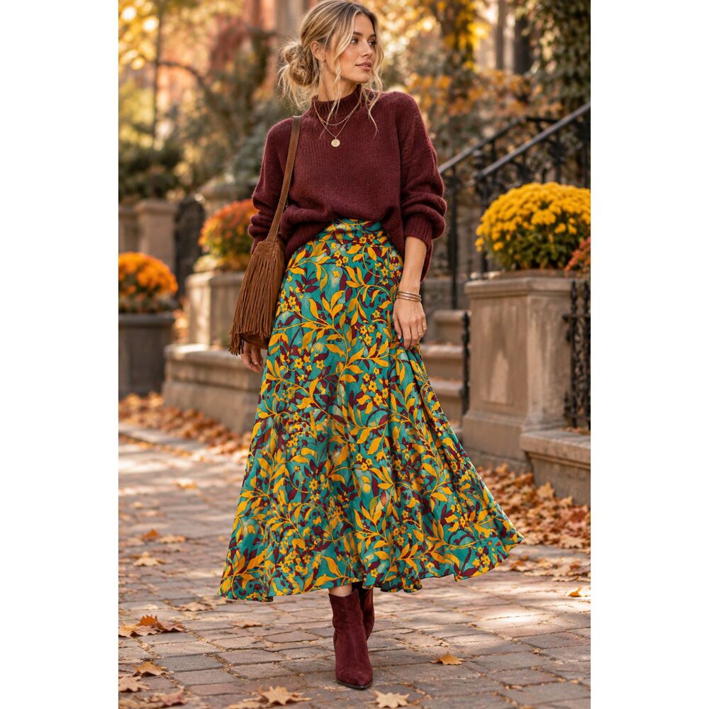 Floral Turquoise Orange Pink Tropical Vine Maxi Skirt Size Small